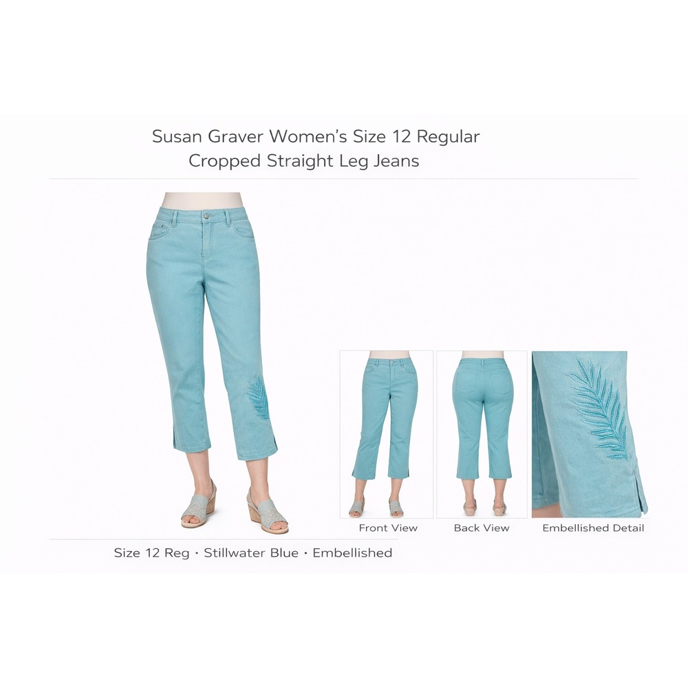 Susan Graver Stillwater Blue Beaded Palm Leaf Cropped Straight Leg Jeans Size 12